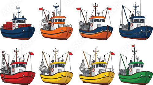 Colorful fishing trawler boats collection featuring commercial marine vessels in multiple colors flat vector illustration