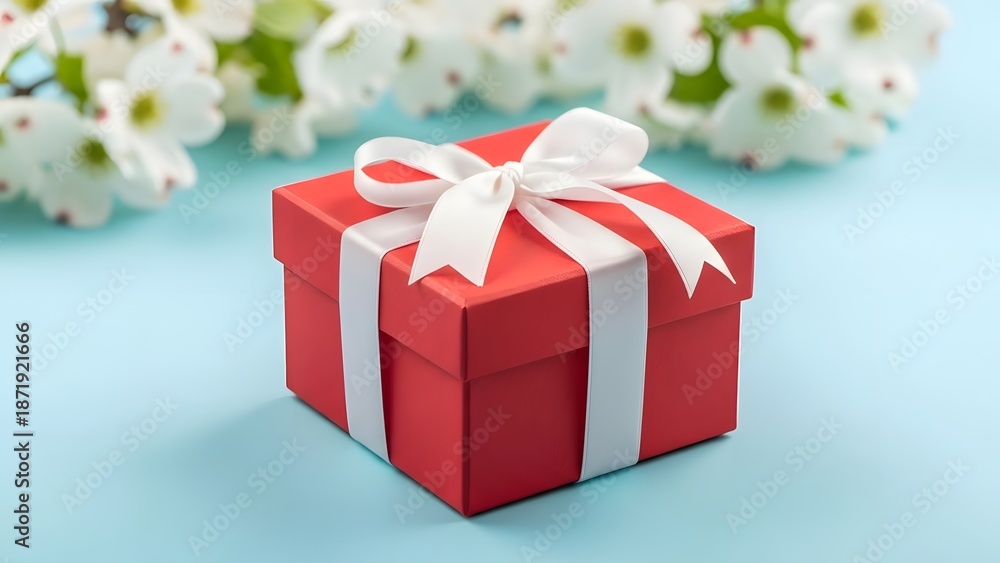 Fototapeta premium Elegant red gift box with white ribbon