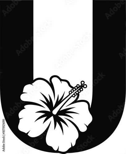 Graphic representation of a hibiscus flower inside a black letter U.