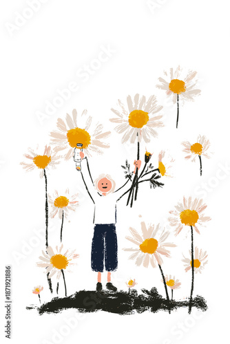 Whimsical Child with Lantern in Flowered Landscape