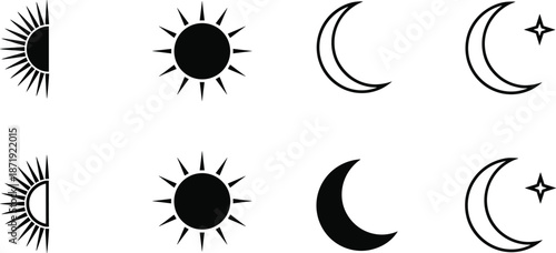 Set of sun and moon icons with crescent shapes and star symbols for day night weather forecast cad drawing flat vector illustration