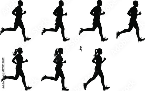 Set of male and female runner silhouettes in motion sequence for marathon training and fitness exercise cad drawing flat vector illustration design