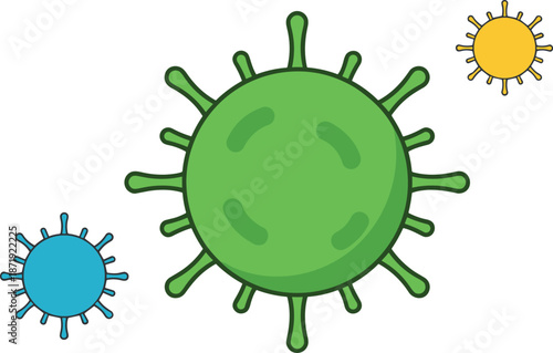 Colorful virus and bacteria cartoon illustration showing microscopic germs and pathogens in green, blue, and yellow
