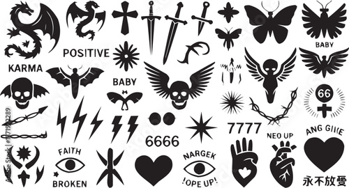 Conjunto de iconos oscuros en estilo lineal. Colección de cruces, rayos, calaveras y símbolos numéricos 6666. Editable