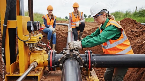 Wallpaper Mural Three Women Working Together at Pipeline Construction Site with Heavy Machinery and Safety Gear Torontodigital.ca