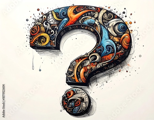 Ornate question mark, rendered in a 3D style with vibrant colors and intricate details, set against a white backdrop