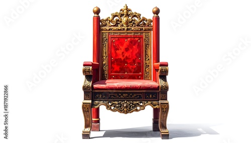 Ornate, regal throne isolated on white, with rich red upholstery, gold trim, and intricate carvings, fit for royalty