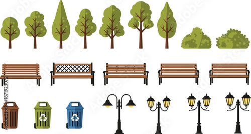 Park trees, benches, trash bins, and street lamps set, outdoor public park elements collection illustration
