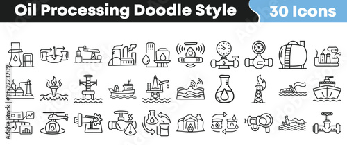 Collection of thirty doodle style icons representing various aspects of oil processing exploration extraction and transportation infrastructure