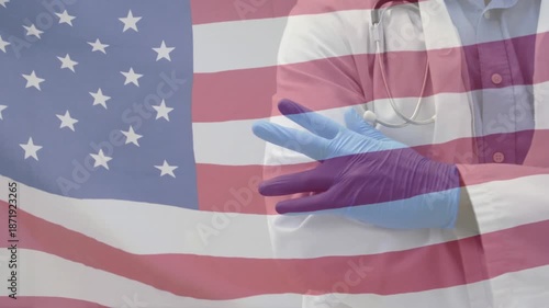 American flag waving over mid waving against mid section of waving over american flag