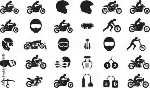 Conjunto de iconos mecánicos en estilo lineal. Colección de motocicletas, calaveras y herramientas simbólicas. Editable