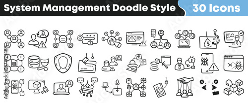 A collection of thirty hand-drawn doodle style icons representing various essential concepts within modern system management and security protocols.
