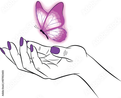 Stylized hand with purple nails releasing pink butterfly symbolizing transformation, freedom, beauty, and graceful connection with nature.