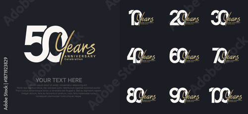 Anniversary logo set vector design, white and gold color for celebration event