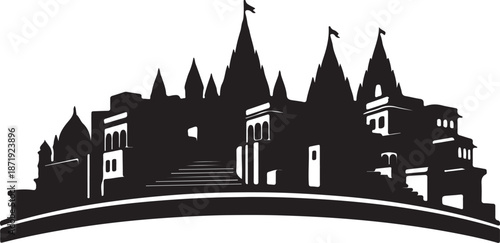 Varanasi City Skyline with Ghats and Temples on Ganges River Silhouette Vector