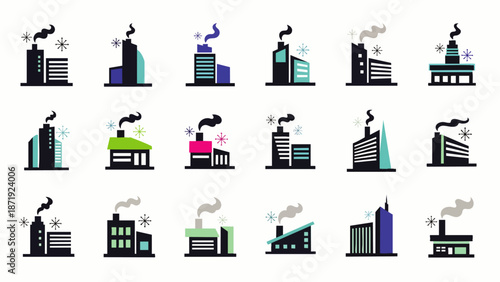 Collection of modern flat design factory and industrial building icons with smoking chimneys, representing manufacturing, production, and environmental impact.