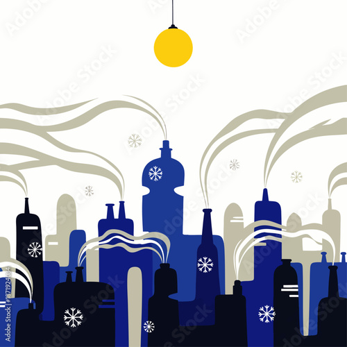 Stylized industrial city skyline illustration featuring bottle-shaped buildings emitting smoke and snowflakes, symbolizing urban pollution and environmental impact under a yellow light.