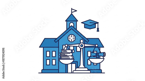 University Building with Graduation Cap and Scales of Justice, Education and Law Concept, Isolated on White and Vector Illustration