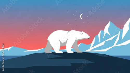 White Polar Bear Walking on Iceberg during Sunset with Crescent Moon