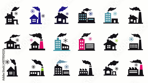 Set of factory and building icons with smoke and snowflakes, representing industry and winter season