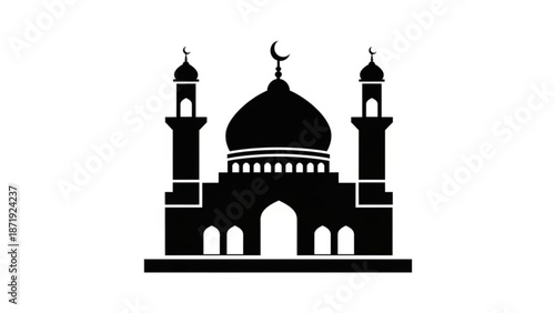 A minimalist black silhouette of a mosque with domes and minarets on a white background