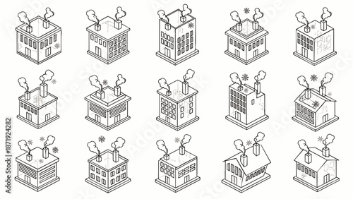 Set of Isometric Buildings with Smoke Coming Out of Chimneys, Industrial Factory Icons, Outline Style