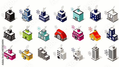 Collection of isometric winter buildings with snow and smoke, representing urban architecture and city life in cold weather.