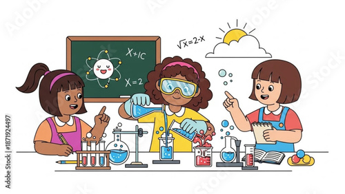 Diverse Girls Conducting Science Experiment in Laboratory Classroom