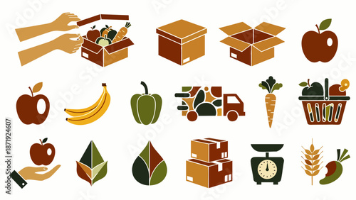 Food delivery, fresh produce, and grocery supply chain icons. Collection of vector illustrations for agriculture, packaging, and healthy eating concepts.