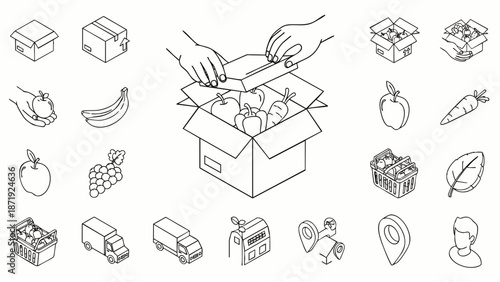 Isometric Line Art Icons Set for Online Grocery Shopping, Food Delivery, Logistics, and E-commerce. Outline Symbols for Web and Mobile Apps.
