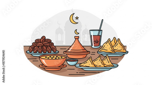 A colorful illustration of traditional Moroccan food and drinks for Ramadan.