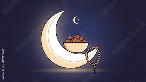 A vector graphic illustration of a crescent moon with a bowl of dates and a rosary