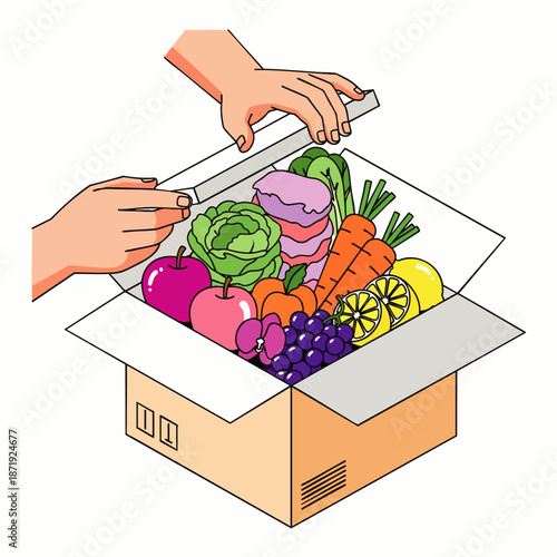 Hands opening a cardboard box filled with fresh, colorful fruits and vegetables, illustrating healthy food delivery or grocery unpacking. Isometric vector illustration.