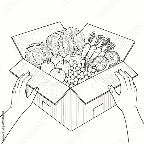 Black and white line art illustration of hands holding an open cardboard box brimming with fresh fruits and vegetables. Healthy produce delivery, organic food concept.