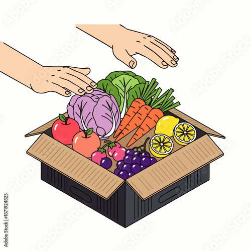 Hands protecting a cardboard box full of fresh fruits and vegetables, healthy food delivery concept