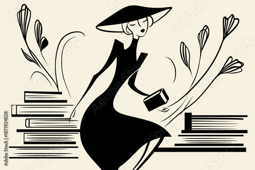 Elegant Woman Reading with Floral Accents