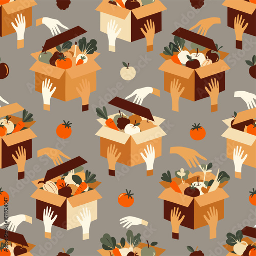 Seamless pattern of diverse hands helping pack fresh organic vegetables and fruits into donation boxes, symbolizing charity and community support