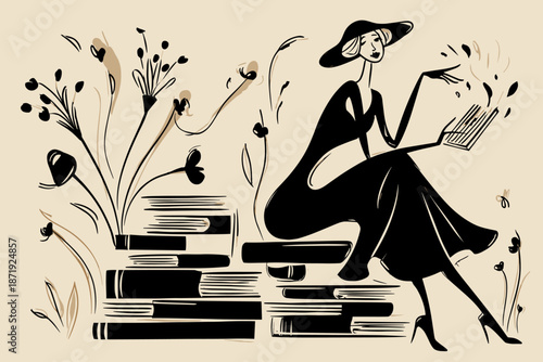 Elegant Woman Reading with Floral Accents