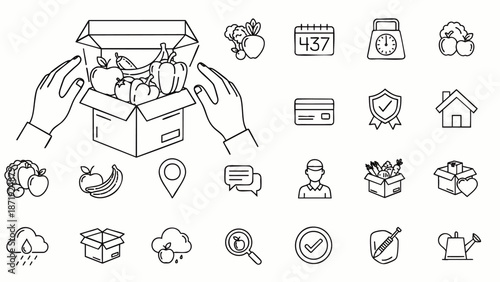 Set of line icons representing online grocery shopping, food delivery, and healthy eating with fresh produce and payment options.