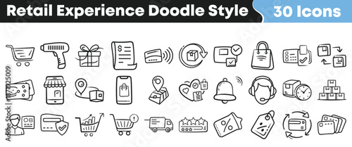 Collection of thirty hand drawn doodle style icons representing various aspects of the modern retail shopping experience and commerce