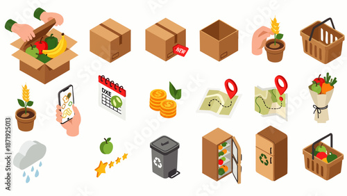 Isometric icons set for online grocery shopping, food delivery, and eco-friendly lifestyle, featuring boxes, plants, maps, and shopping carts.