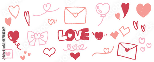 ハートの素材コレクション。かわいい手書きのハートマーク。バレンタインデーや記念日のイラスト。ベクターアイコン。