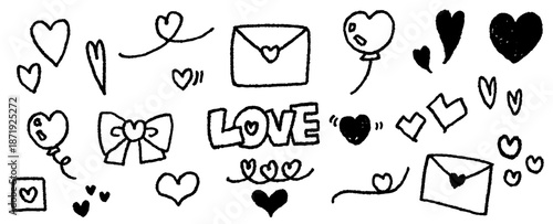 ハートの素材コレクション。かわいい手書きのハートマーク。バレンタインデーや記念日のイラスト。ベクターアイコン。