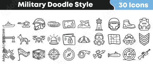 Collection of thirty hand drawn military and army doodle style icons representing essential equipment vehicles and personnel gear
