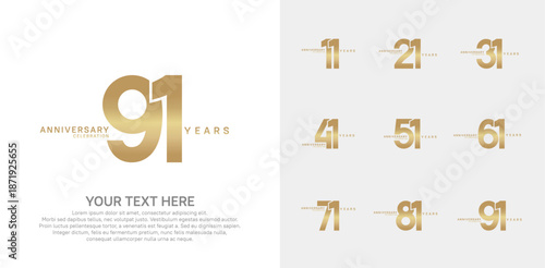 Anniversary logo set vector design, golden color for celebration event