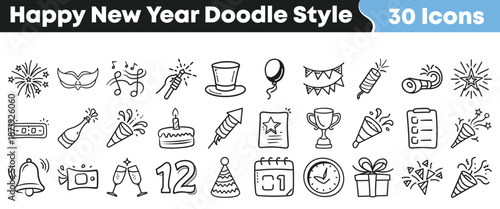 Collection of thirty charming hand drawn doodle style icons representing various festive and celebratory elements perfect for new year events