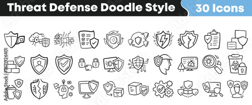 Collection of thirty hand drawn doodle style icons representing various essential concepts related to cybersecurity threat defense and protection mechanisms