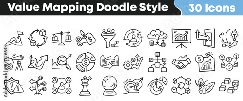 Collection of thirty hand drawn doodle style icons representing various business concepts like strategy finance and growth analysis