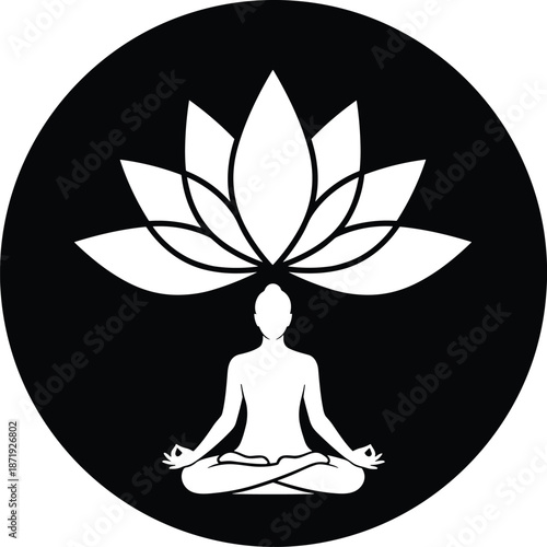 Stylized Meditation Silhouette with Lotus Flower Above Head, Circular Frame, One-Panel Spiritual Awakening and Mindfulness Vector Illustration