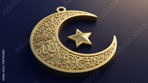 A gold crescent moon and star pendant with intricate Arabic calligraphy on a dark blue background